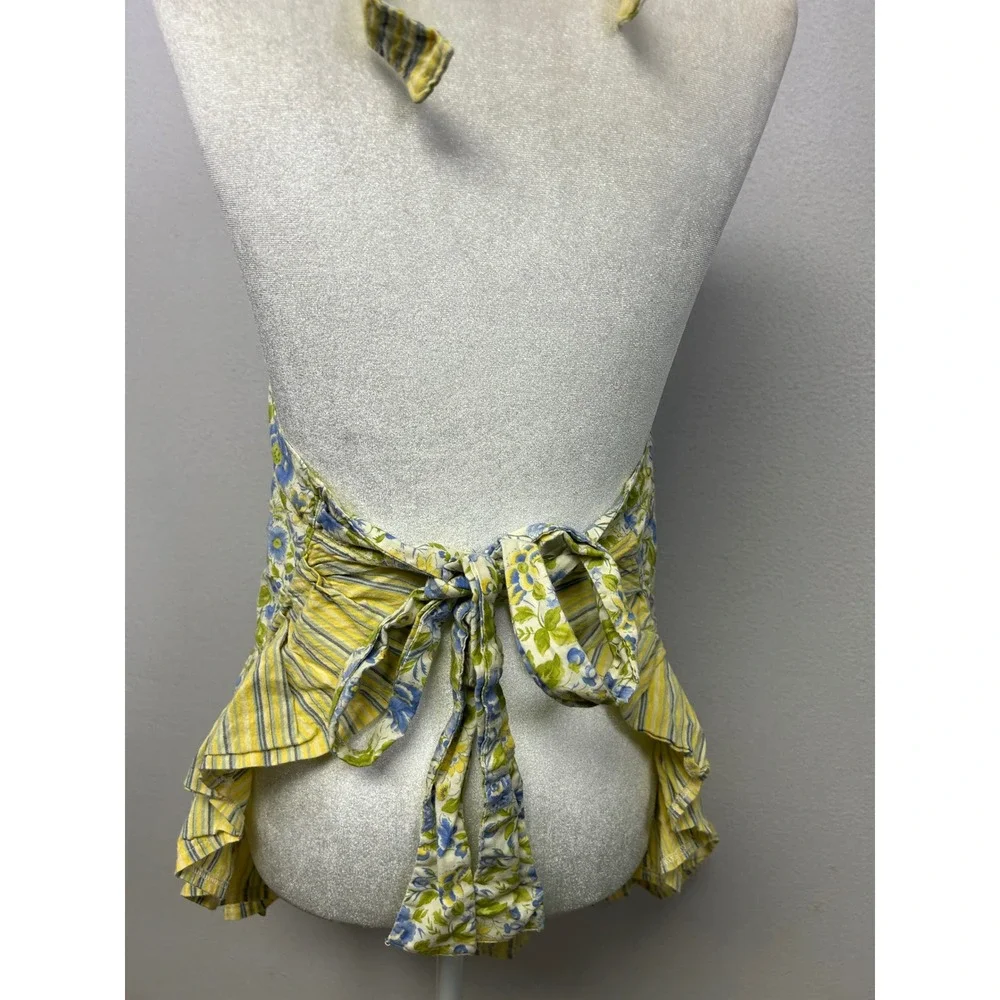 Cottagecore Vintage Women OS Country Chic Yellow Blue Floral Ruffle Halter Apron